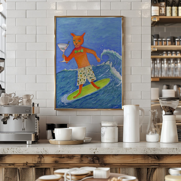 Surfing Cocktail Cat Framed Art Wall Decor