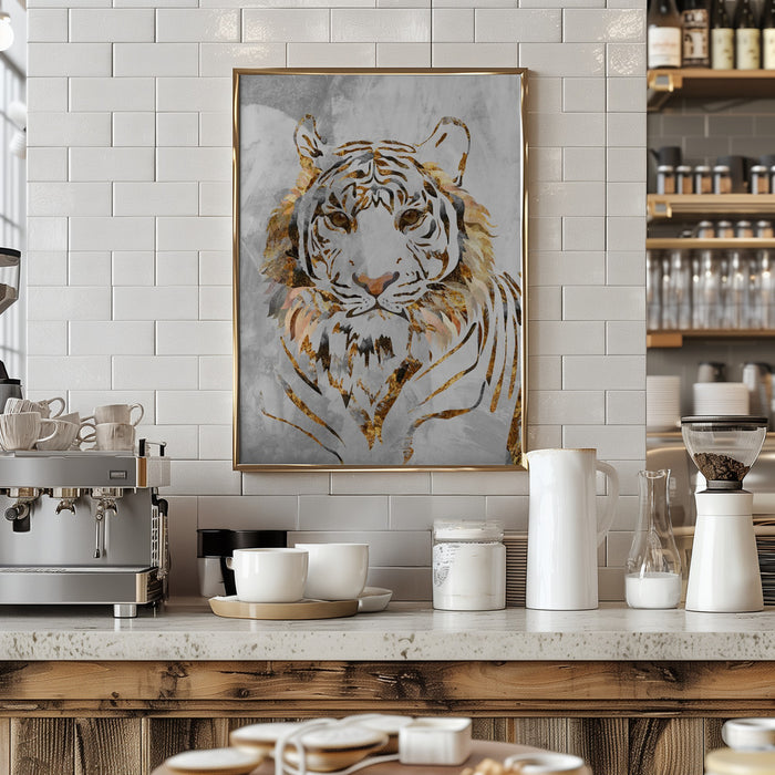 Golden Tiger and Concrete Framed Art Modern Wall Decor