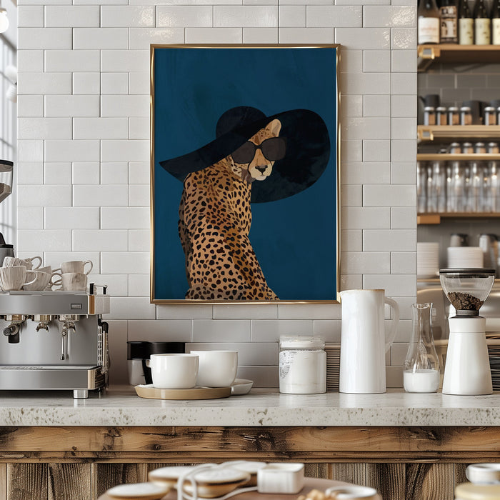 Fashionable Cheetah wearing a sunhat Framed Art Wall Decor