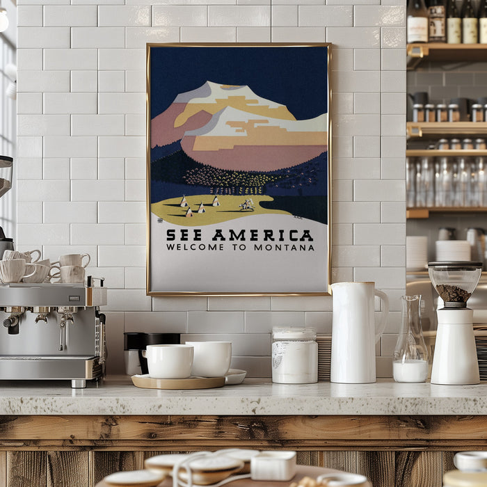 See America. Welcome To Montana (1936) Travel Poster By Richard Halls Framed Art Modern Wall Decor