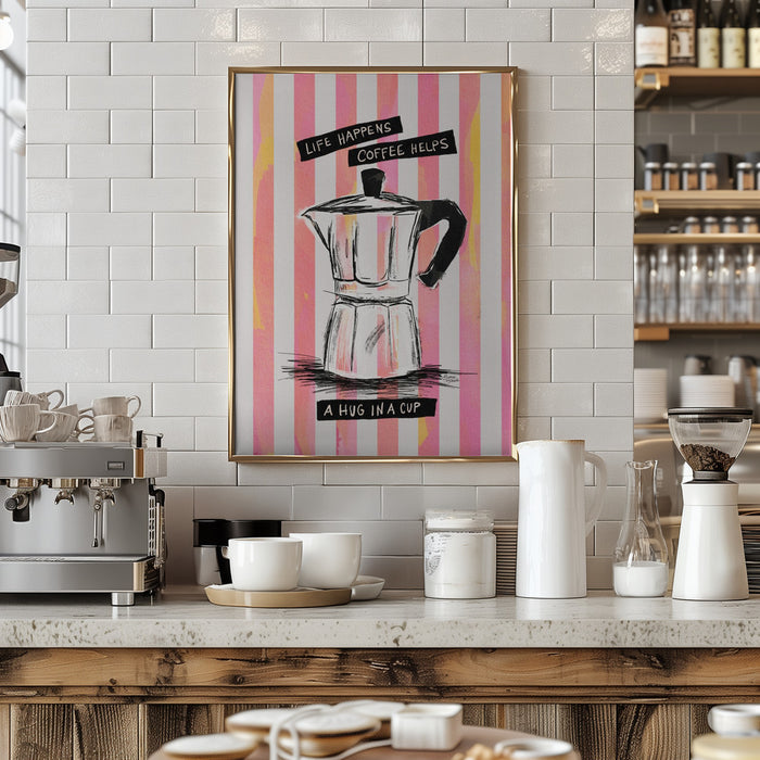 Mocca Coffee on Stripes - Hug in a Cup Framed Art Modern Wall Decor