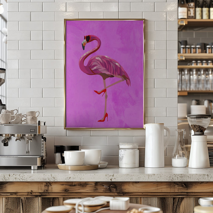 Flamingo in heels and heart glasses pink Framed Art Wall Decor