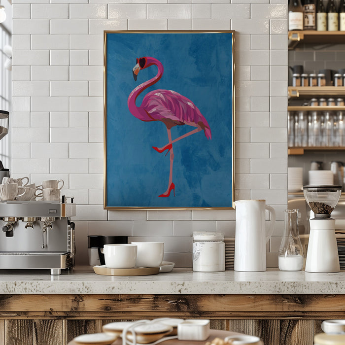 Flamingo in heels and heart glasses blue Framed Art Wall Decor