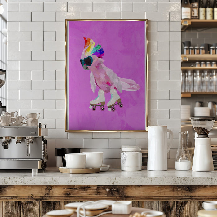 Rollerskating pink cockatoo Framed Art Wall Decor