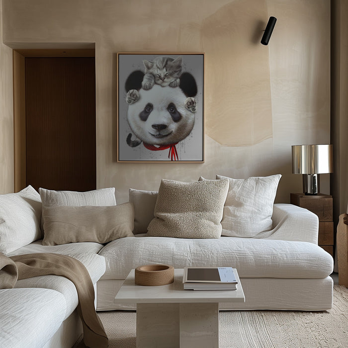 cat on panda bear Framed Art Wall Decor