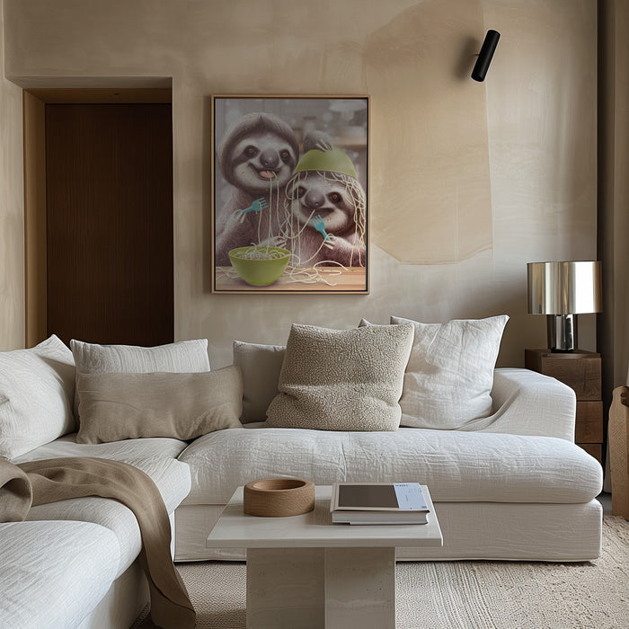 YOUNG SLOTH EATING SPAGETTI Framed Art Modern Wall Decor