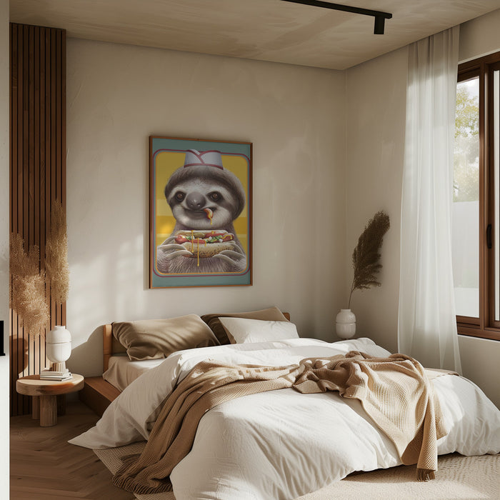 SLOTH SELLING HOTDOGS Framed Art Modern Wall Decor