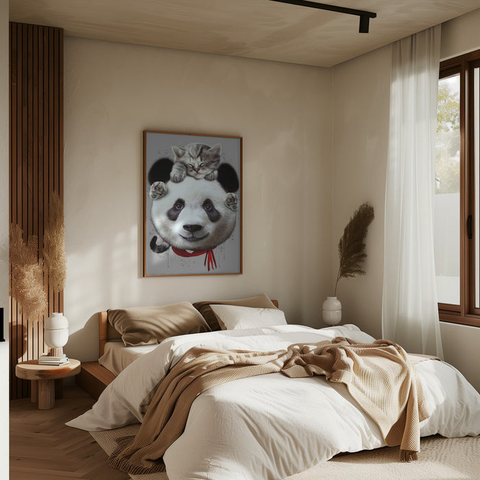 cat on panda bear Framed Art Wall Decor