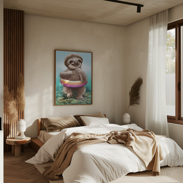 YOUNG SLOTH WITH BUOY Framed Art Modern Wall Decor