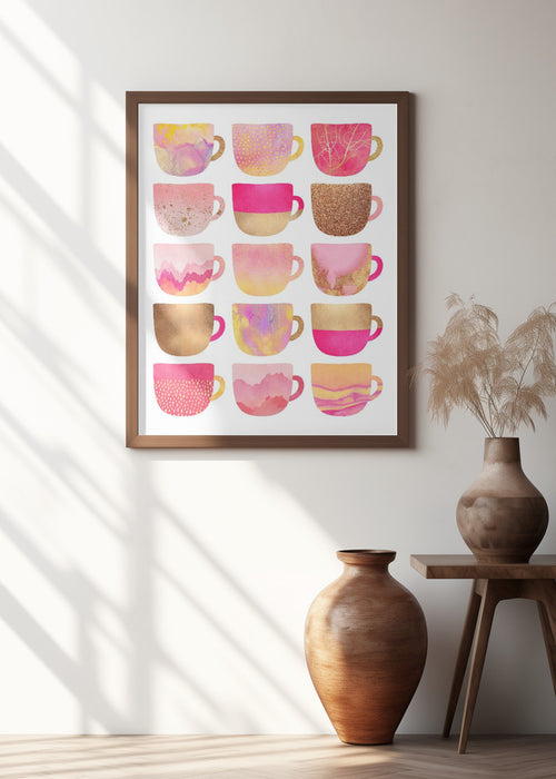 Pretty Pink Coffee Cups Framed Art Modern Wall Decor