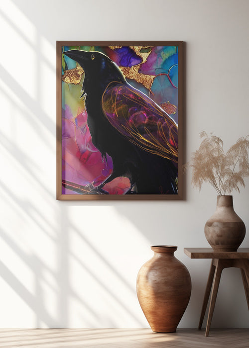 Raven with Pink and Gold Framed Art Modern Wall Decor