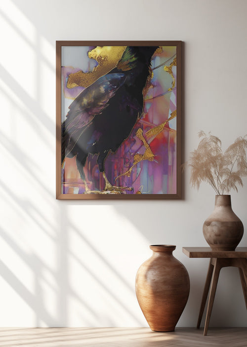 Raven with Pink and Gold Framed Art Modern Wall Decor