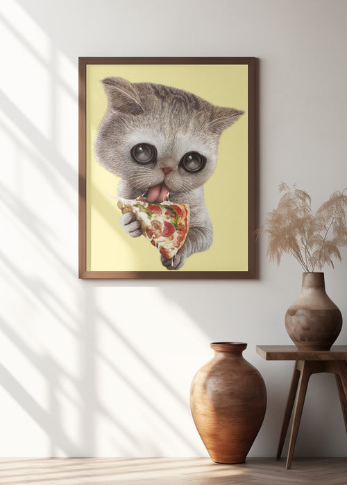 cat loves pizza Framed Art Wall Decor