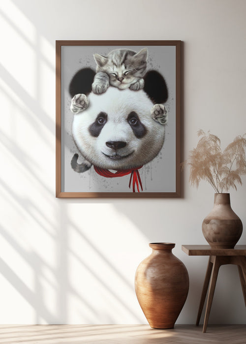 cat on panda bear Framed Art Wall Decor