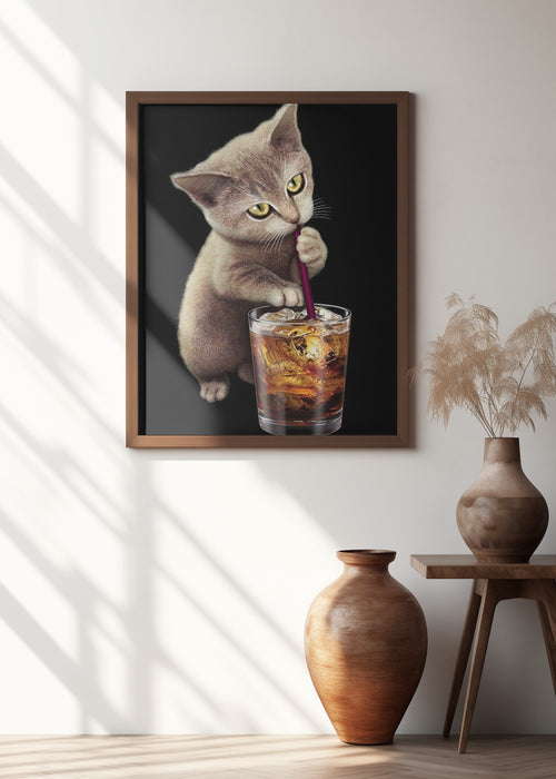 cat and soft drink Framed Art Wall Decor