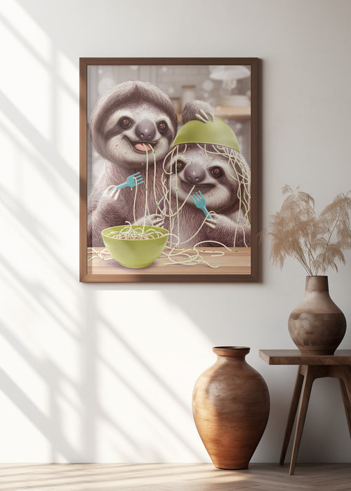 YOUNG SLOTH EATING SPAGETTI Framed Art Modern Wall Decor