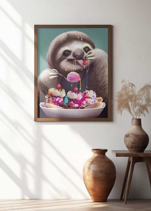 SLOTH ENJOYING ICE CREAM Framed Art Modern Wall Decor