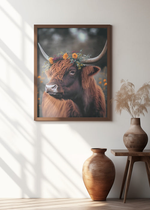 Highland Cow With Flowers Framed Art Modern Wall Decor