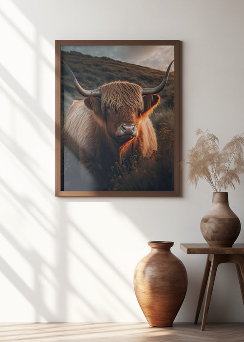 Highland Cow With Big Horns Framed Art Modern Wall Decor