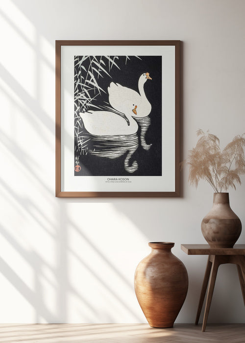 White Chinese Geese Swimming by Reeds Framed Art Modern Wall Decor