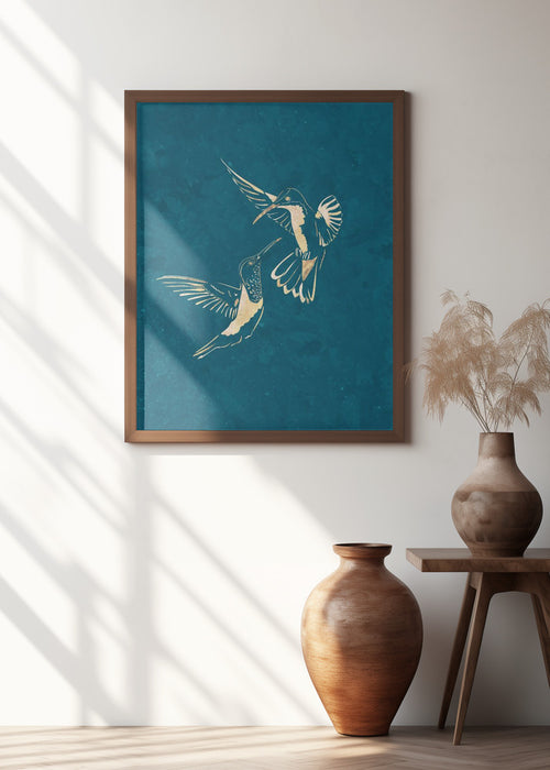 Gold Hummingbird Line art Silhouettes 3 Framed Art Wall Decor