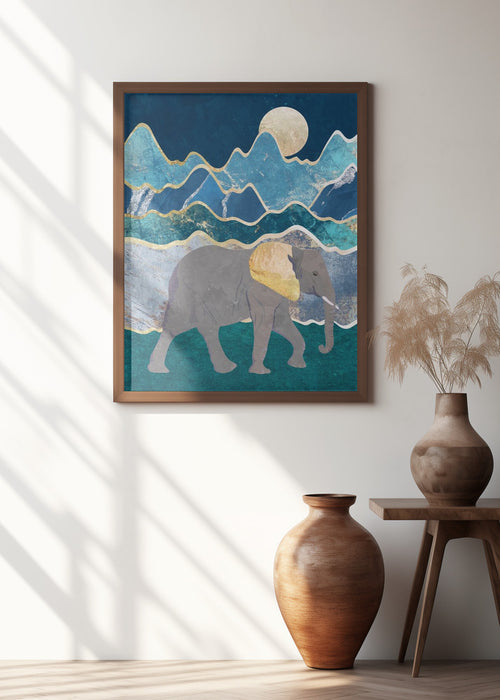 Metallic Elephant in the Moonlit Mountains Framed Art Modern Wall Decor