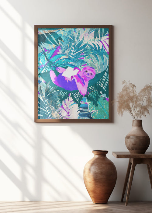 Pink and Green Neon Sloth in Hammock Framed Art Modern Wall Decor