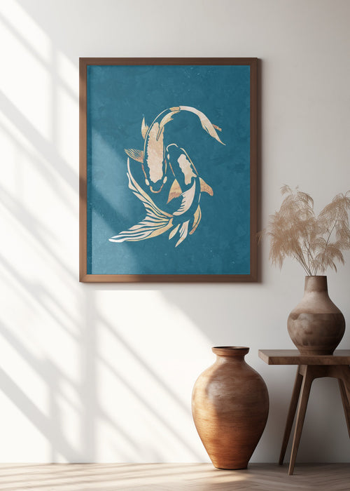 Gold Blue Koi Fish Framed Art Wall Decor