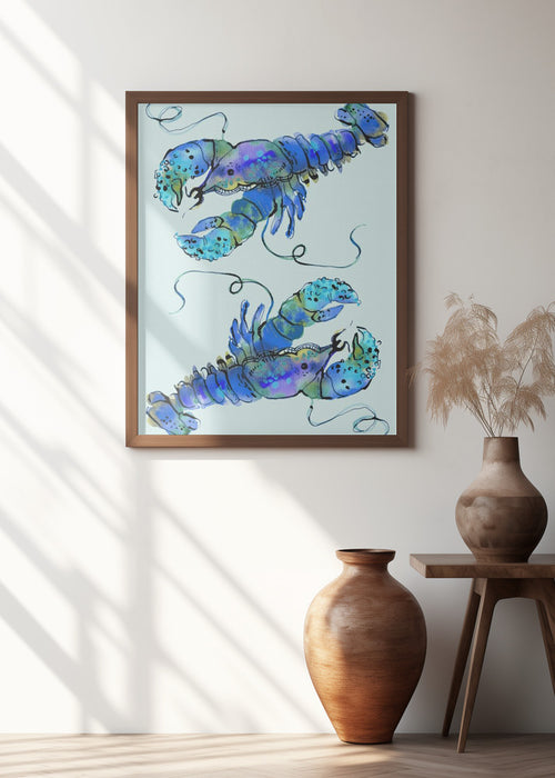 Lobsters On Azure Framed Art Wall Decor