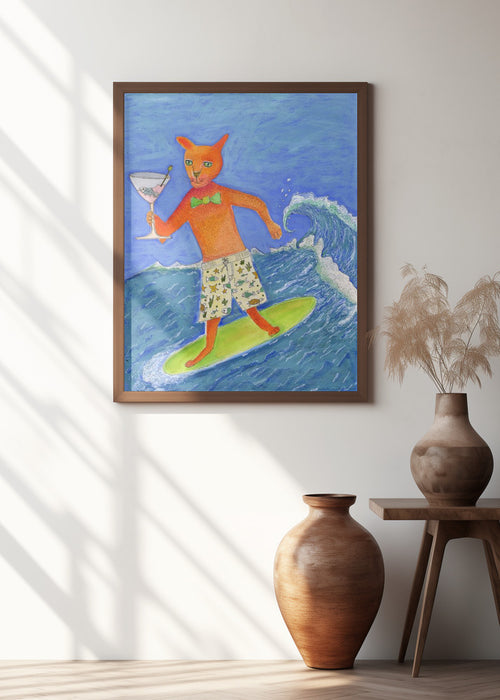 Surfing Cocktail Cat Framed Art Wall Decor