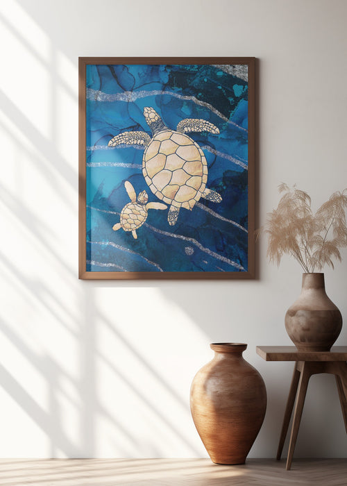 Gold turtles swimming Framed Art Wall Decor