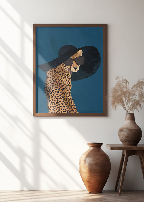 Fashionable Cheetah wearing a sunhat Framed Art Wall Decor