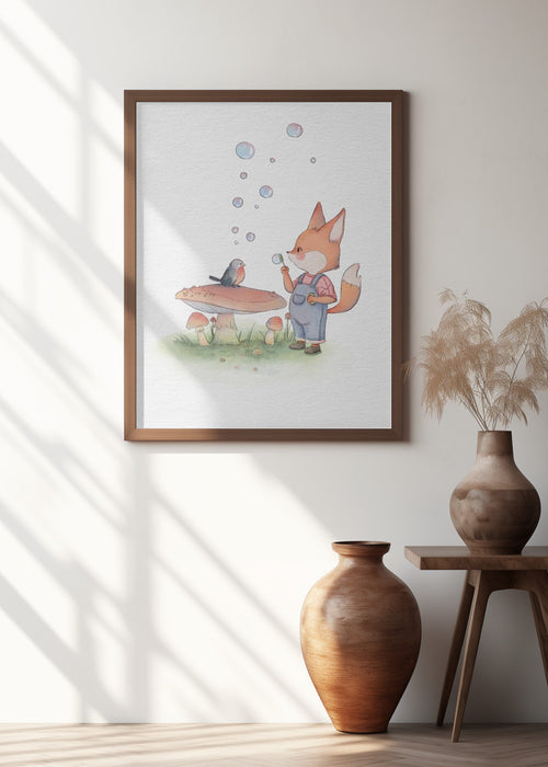 Fox and Bird Illustration Framed Art Wall Decor