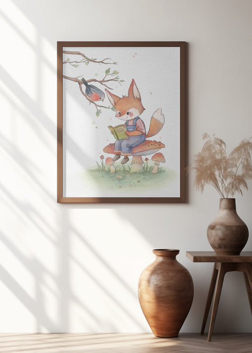 Fox and Bird Illustration Framed Art Wall Decor