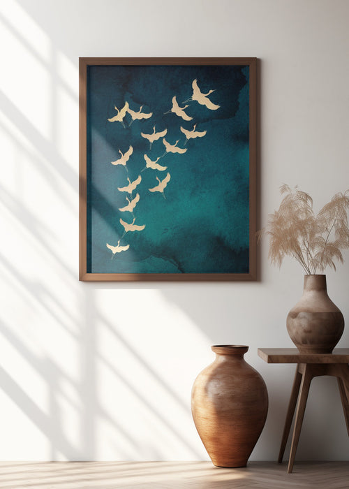 Teal Flying Cranes Framed Art Wall Decor