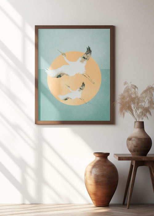 Mint Green Sun &amp; Cranes Framed Art Wall Decor