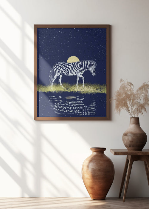 Zebra Waterhole Moonrise Framed Art Wall Decor