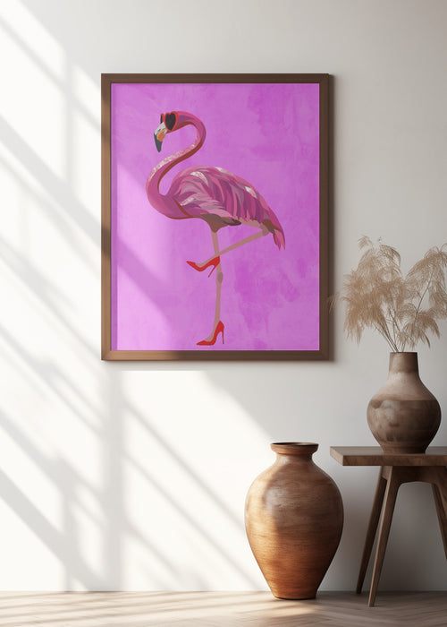 Flamingo in heels and heart glasses pink Framed Art Wall Decor