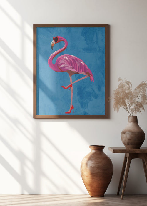 Flamingo in heels and heart glasses blue Framed Art Wall Decor