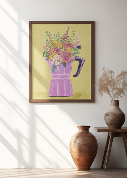 Espresso Maker with Flowers Framed Art Modern Wall Decor