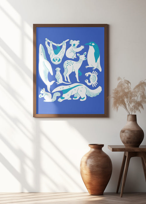 Blue Animal Collage Framed Art Modern Wall Decor