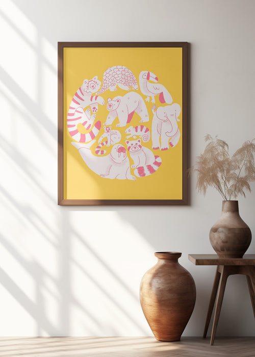 Yellow Animal Collage Framed Art Wall Decor