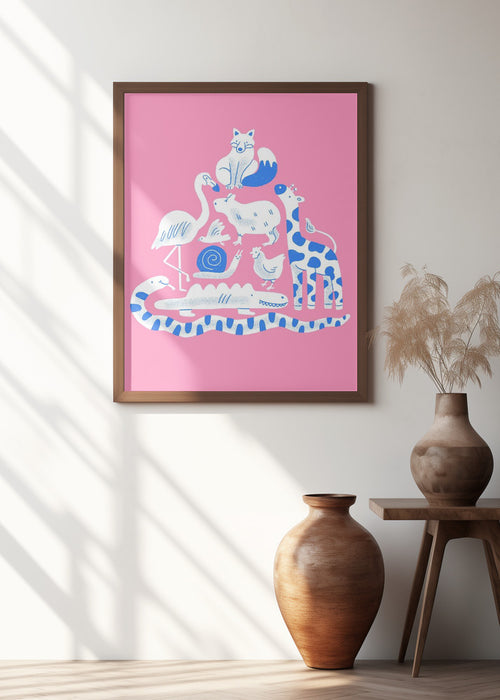 Pink Animal Collage Framed Art Modern Wall Decor