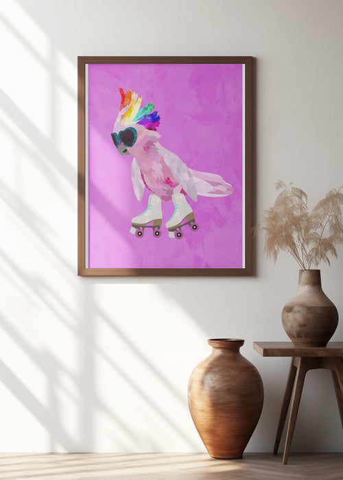 Rollerskating pink cockatoo Framed Art Wall Decor