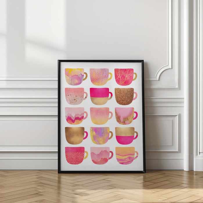 Pretty Pink Coffee Cups Framed Art Modern Wall Decor