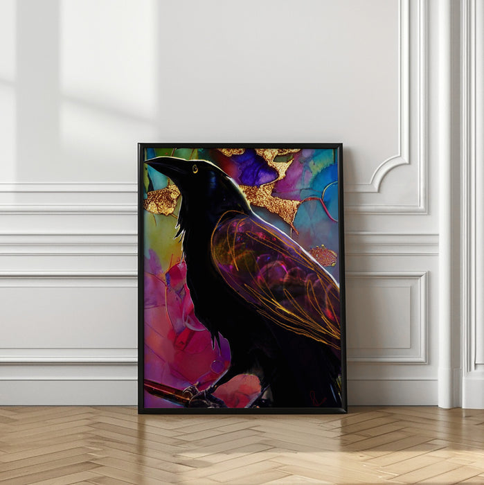 Raven with Pink and Gold Framed Art Modern Wall Decor