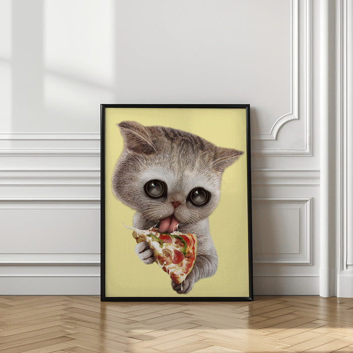 cat loves pizza Framed Art Wall Decor