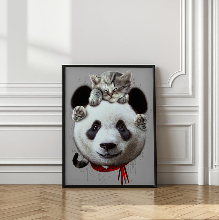 cat on panda bear Framed Art Wall Decor