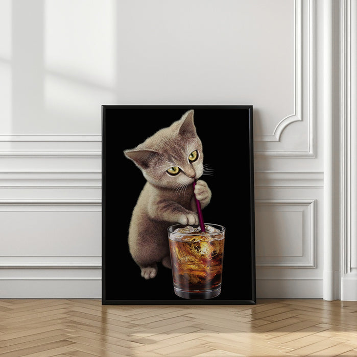 cat and soft drink Framed Art Wall Decor