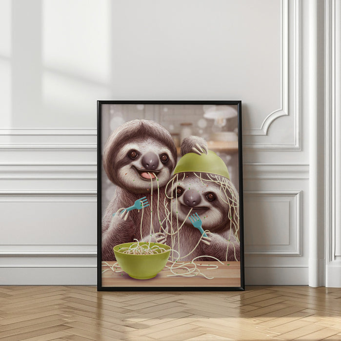 YOUNG SLOTH EATING SPAGETTI Framed Art Modern Wall Decor